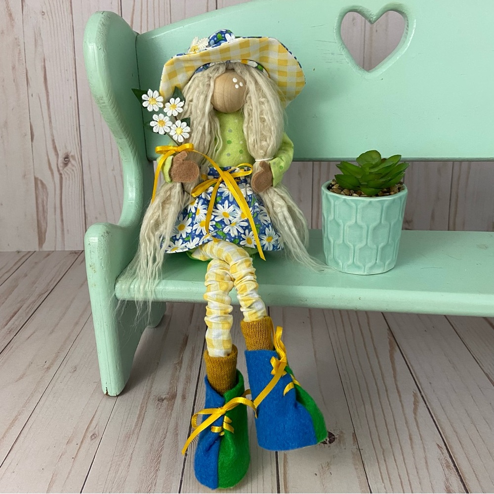 Handmade Summer Gnome Girl with Daisy Skirt & Felt Shoes Blue Green White Floral